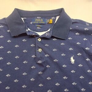 Ralph Lauren Polo Shirt Mens L Navy Classic Fit RPL Monogram All Over Print Logo